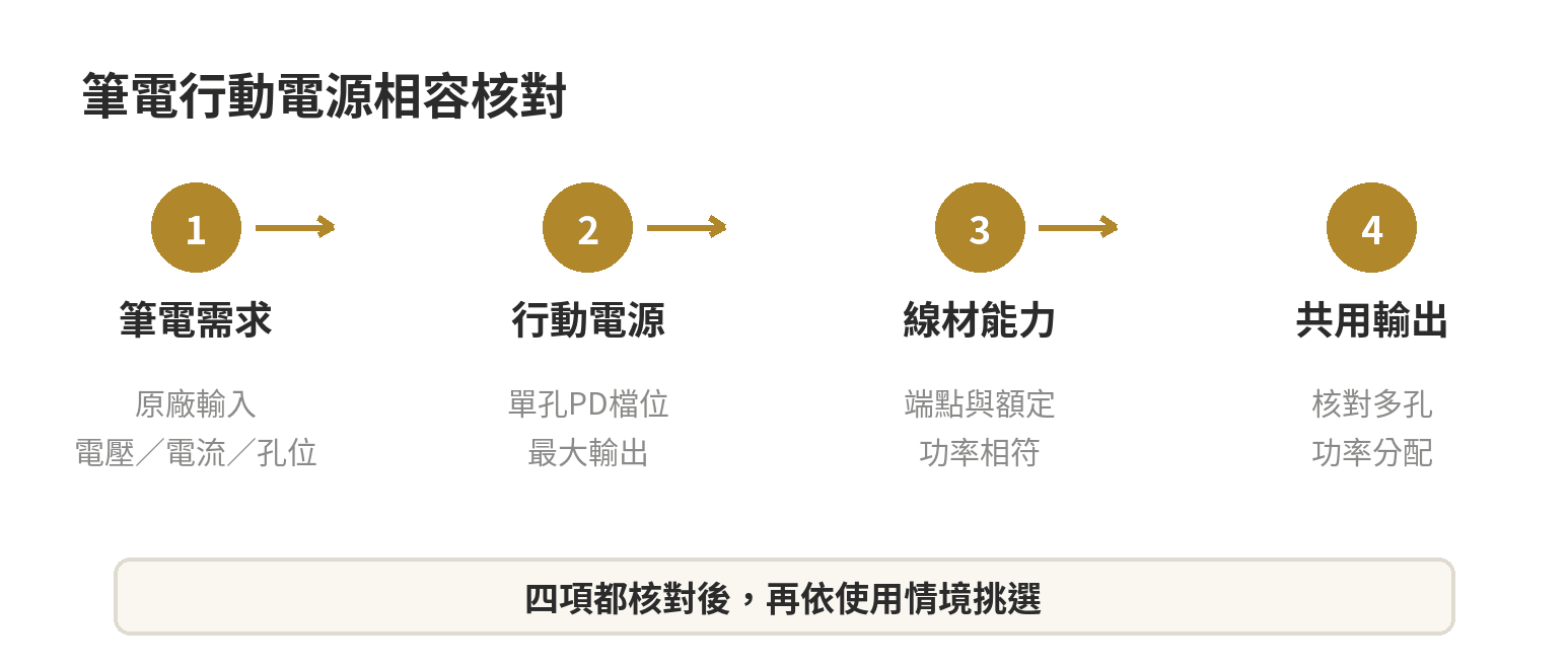 筆電行動電源怎麼挑:65W、100W 輸出與筆電充電孔相容怎麼對 筆電行動電源相容核對流程:先找筆電輸入需求,再核對行動電源單孔PD檔位、線材能力與多孔輸出分配