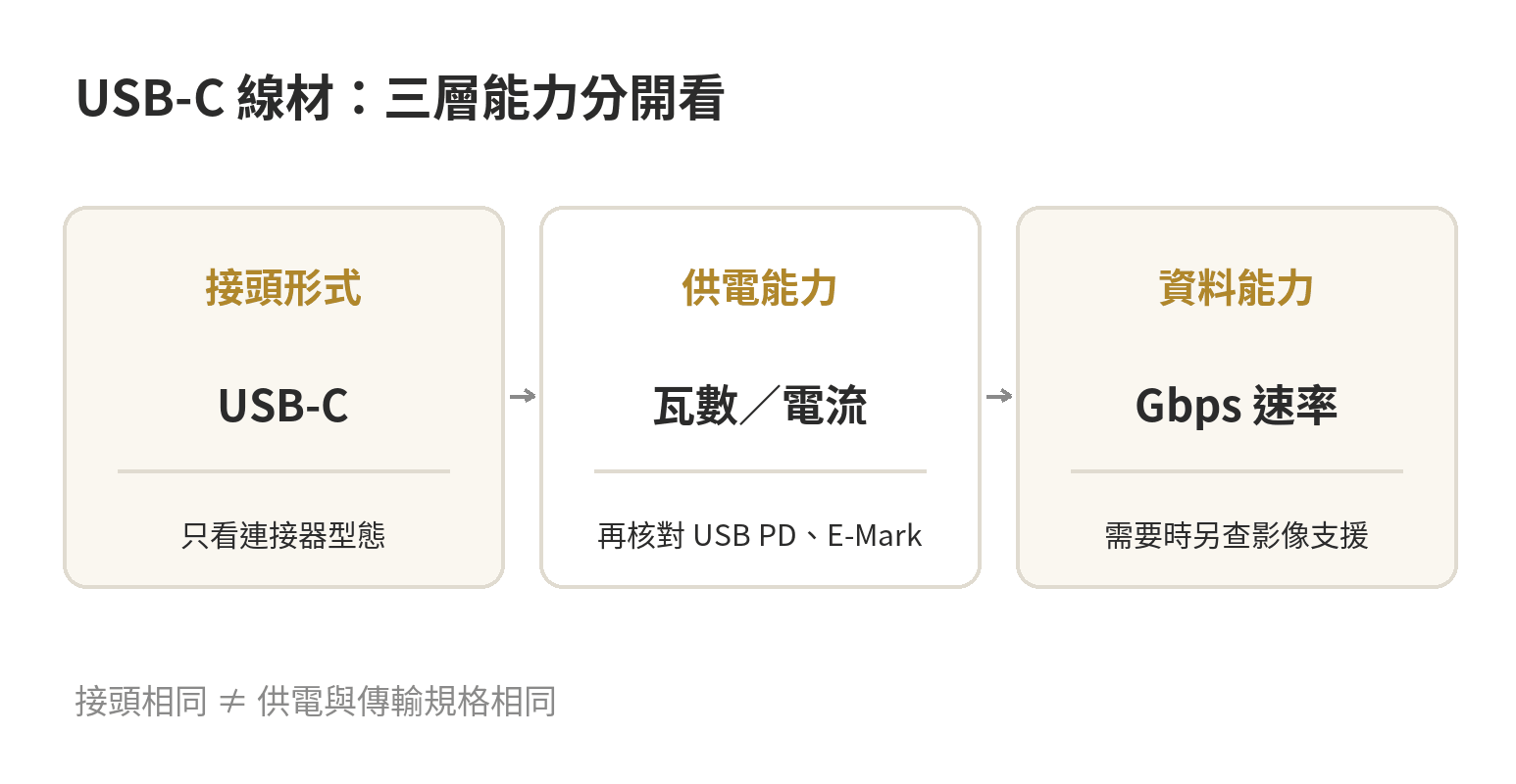 USB-C 充電線怎麼挑:充電瓦數、傳輸速度與 E-Mark 標示看哪裡 USB-C 線材要分開檢查接頭、供電與資料能力,外形相同不表示規格相同