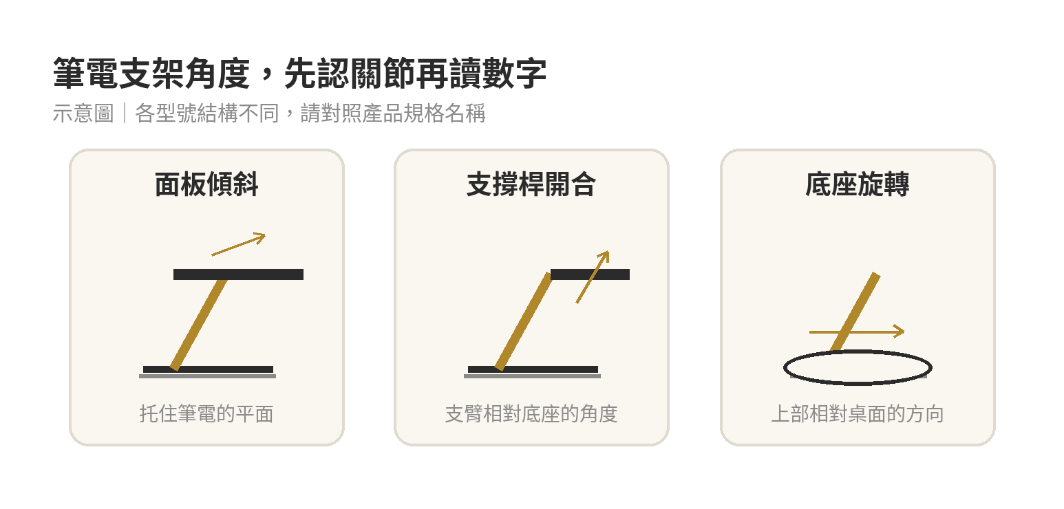 筆電支架怎麼選:角度、承重與可折疊尺寸 筆電支架角度示意,面板傾斜、支撐桿開合與底座旋轉分屬三個調整位置