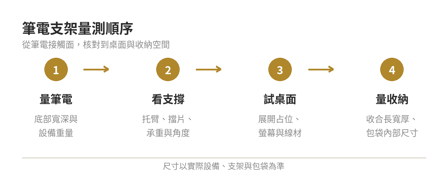筆電支架怎麼選:角度、承重與可折疊尺寸 筆電支架選購量測順序:先量筆電底部,再核對支架承托與桌面展開,最後比對收納尺寸