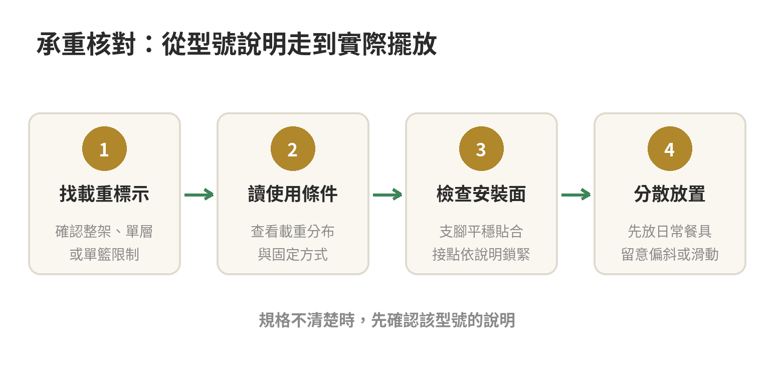 碗盤餐具收納:水槽上方瀝水架怎麼選尺寸 瀝水架承重核對流程:先找型號載重,再確認單層與分布條件、安裝支撐,最後逐步放入餐具