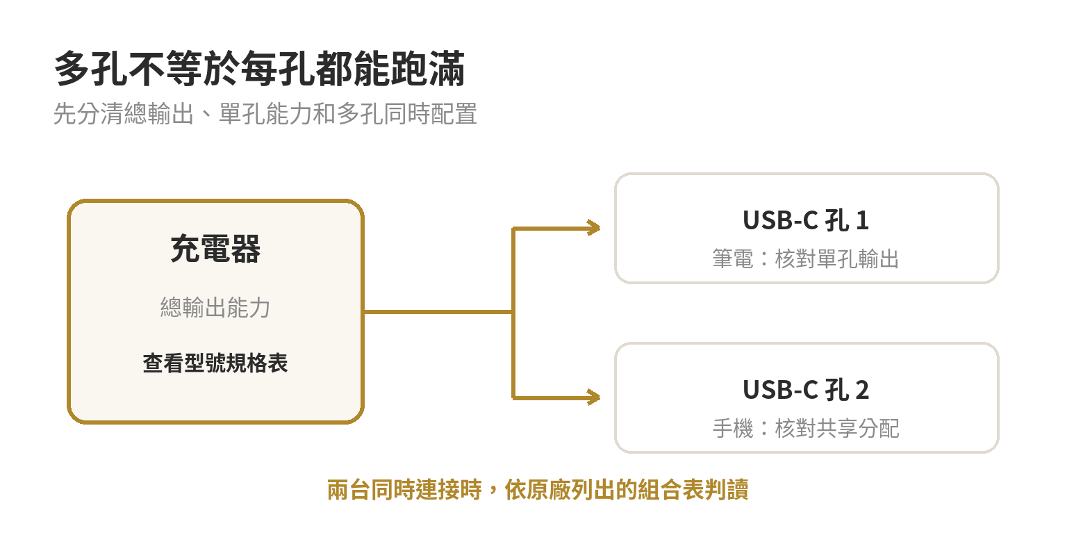 氮化鎵充電器怎麼挑:瓦數、孔數、一顆充全家 多孔充電器示意圖:充電器總輸出分配到筆電與手機,需看各孔共享配置