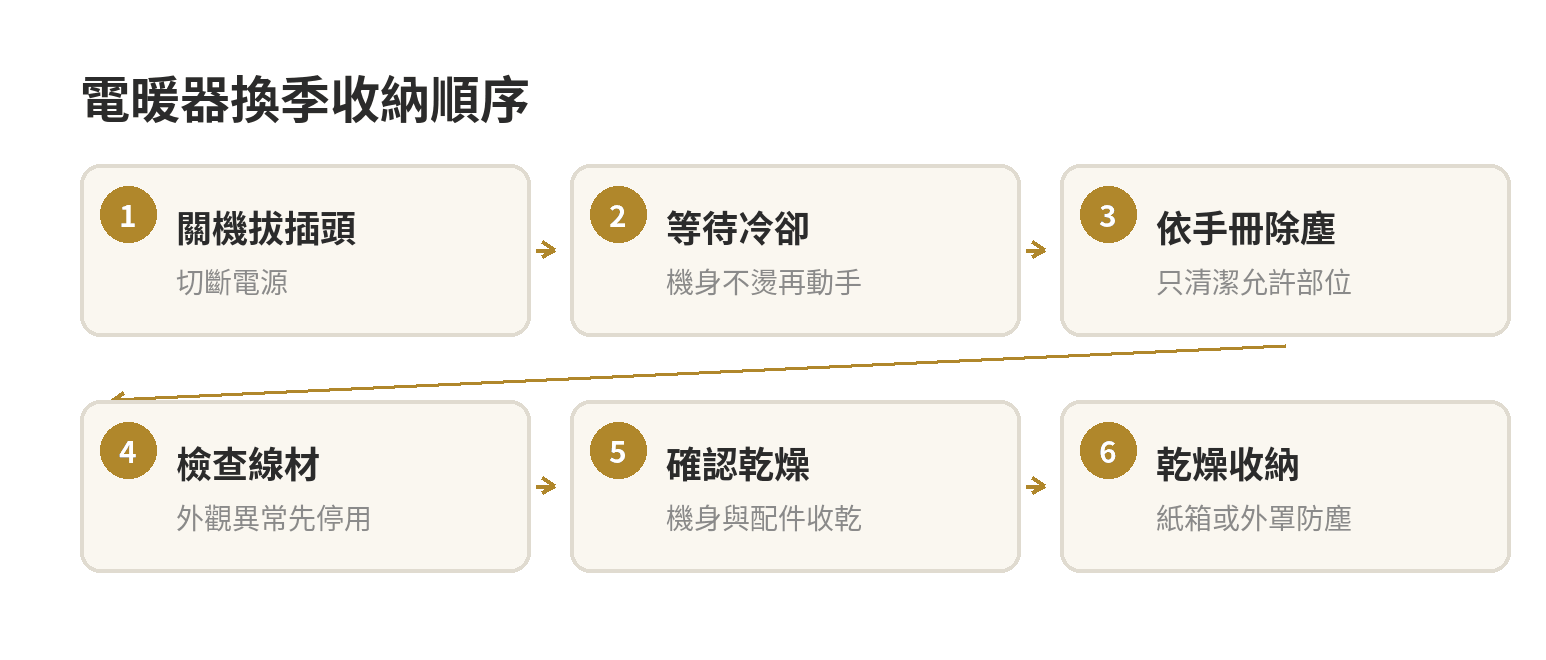 電暖器換季收納與保養:清灰、包裝與存放環境怎麼處理 電暖器換季收納順序:關機拔插頭、冷卻、依說明清潔、檢查電線、乾燥收納
