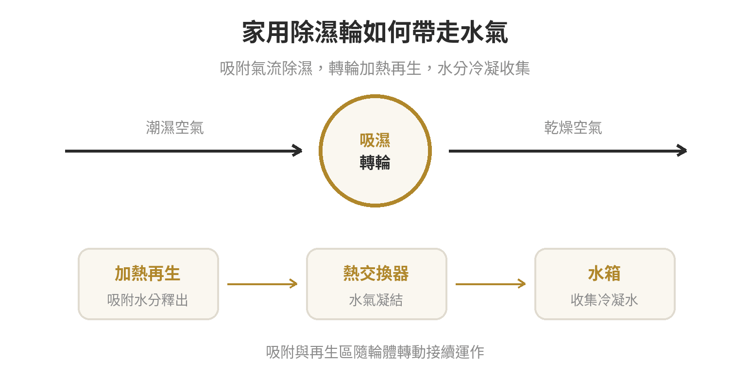 除溼輪式除濕機是什麼?跟壓縮機式差在哪、適合什麼氣候與季節 潮濕空氣通過吸濕轉輪後送出乾燥空氣;加熱再生釋出的水氣再冷凝收進水箱